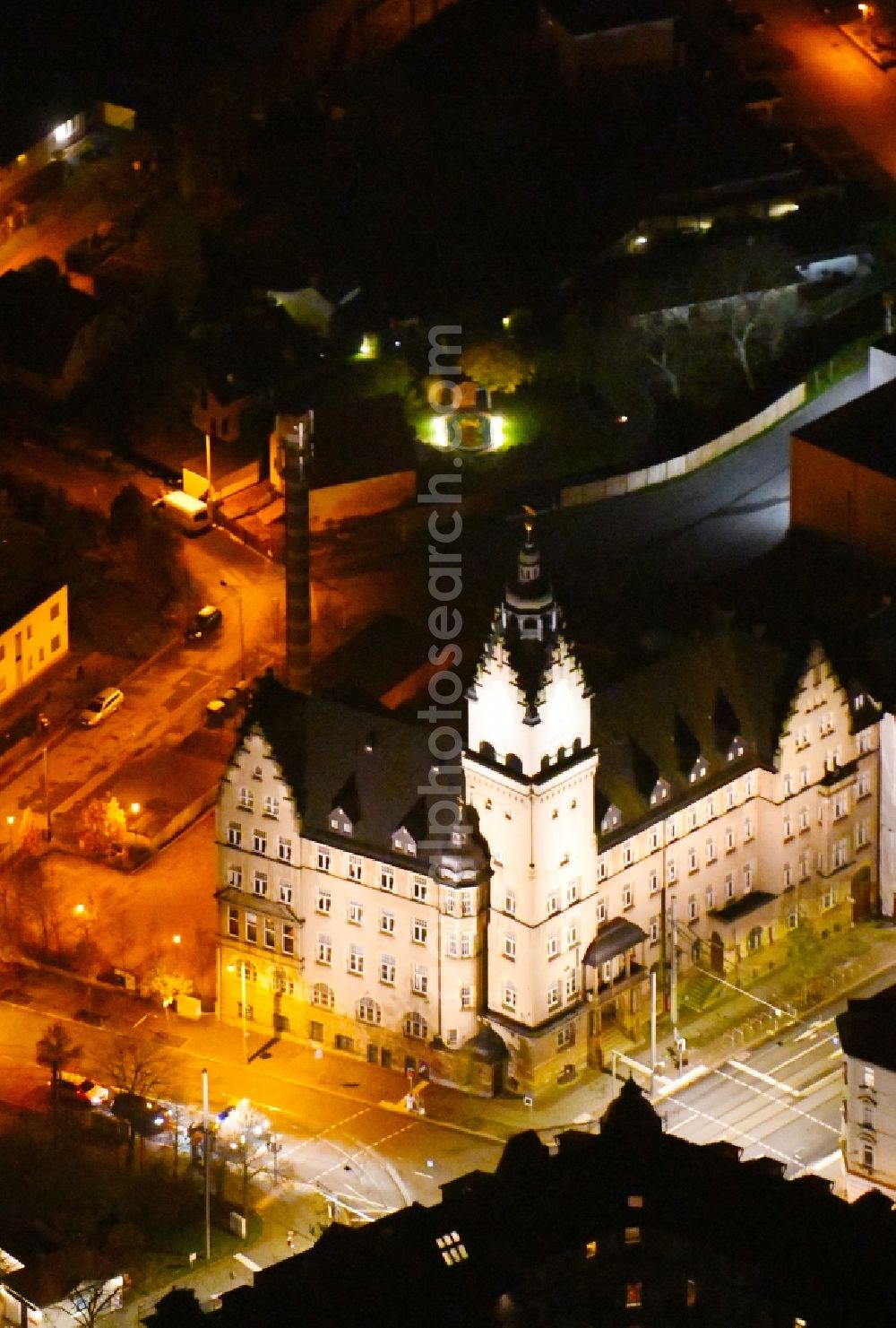 Aerial photograph at night Leipzig - Night lighting Town Hall building of the city administration on Georg-Schumann-Strasse in the district Wahren in Leipzig in the state Saxony, Germany