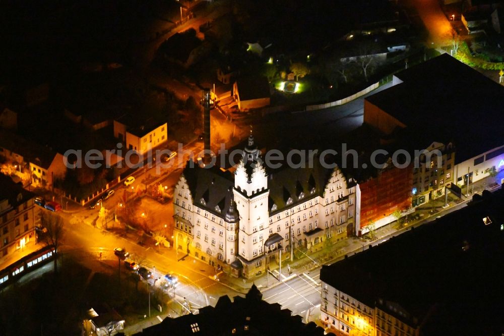 Aerial image at night Leipzig - Night lighting Town Hall building of the city administration on Georg-Schumann-Strasse in the district Wahren in Leipzig in the state Saxony, Germany