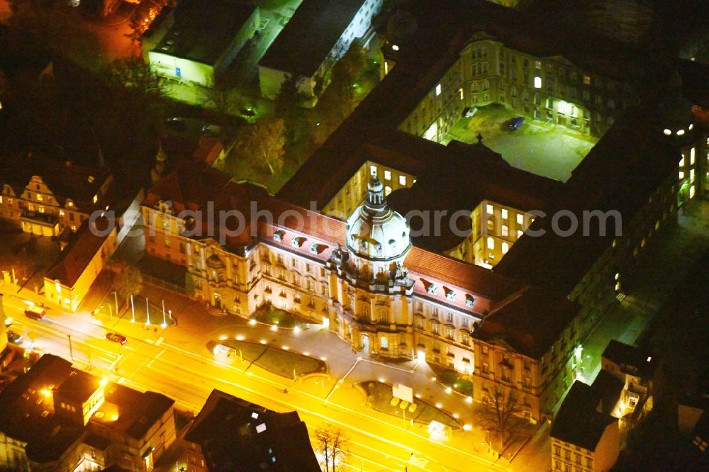 Aerial photograph at night Potsdam - Night lighting Town Hall building of the city administration on Friedrich-Ebert-Strasse in the district Innenstadt in Potsdam in the state Brandenburg, Germany