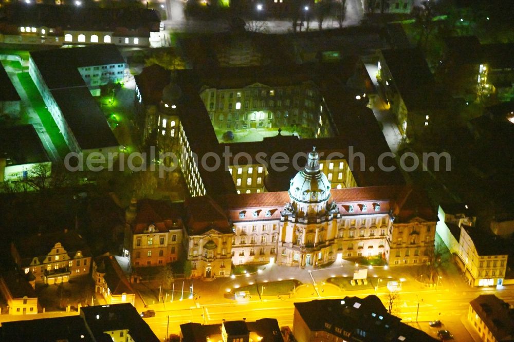 Aerial photograph at night Potsdam - Night lighting Town Hall building of the city administration on Friedrich-Ebert-Strasse in the district Innenstadt in Potsdam in the state Brandenburg, Germany