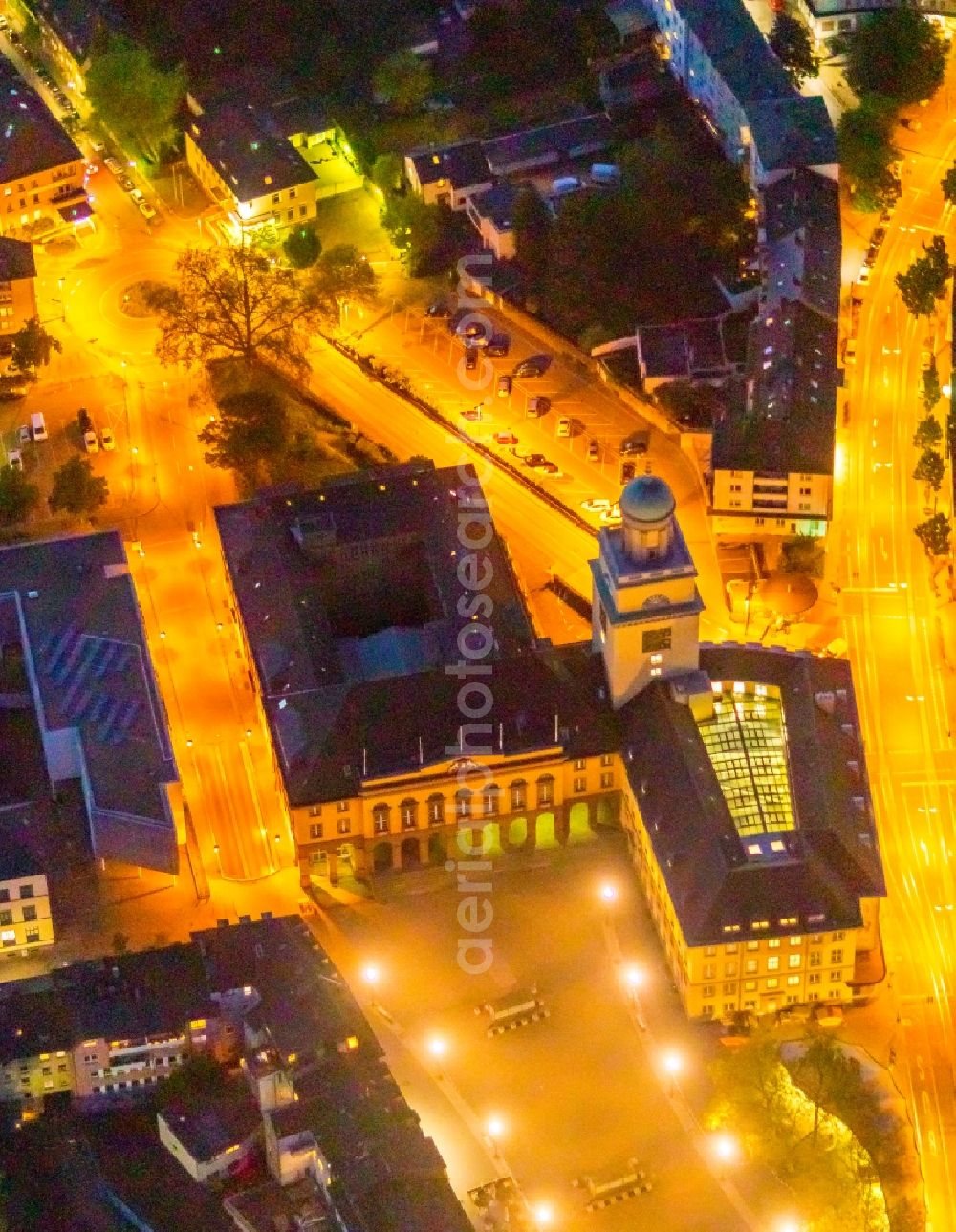 Aerial image at night Witten - Night lighting town Hall building of the city administration Witten in Witten at Ruhrgebiet in the state North Rhine-Westphalia, Germany