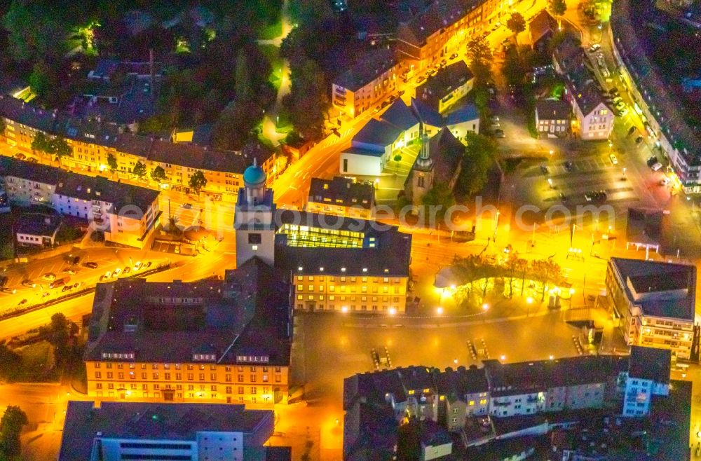 Witten at night from above - Night lighting town Hall building of the city administration Witten in Witten at Ruhrgebiet in the state North Rhine-Westphalia, Germany