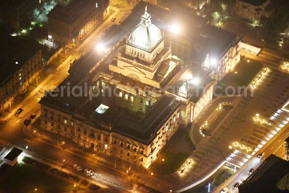 Leipzig at night from above - Night lighting Building complex of the Bundesverwaltungsgericht on Simsonplatz court of in the district Zentrum-Sued in Leipzig in the state Saxony