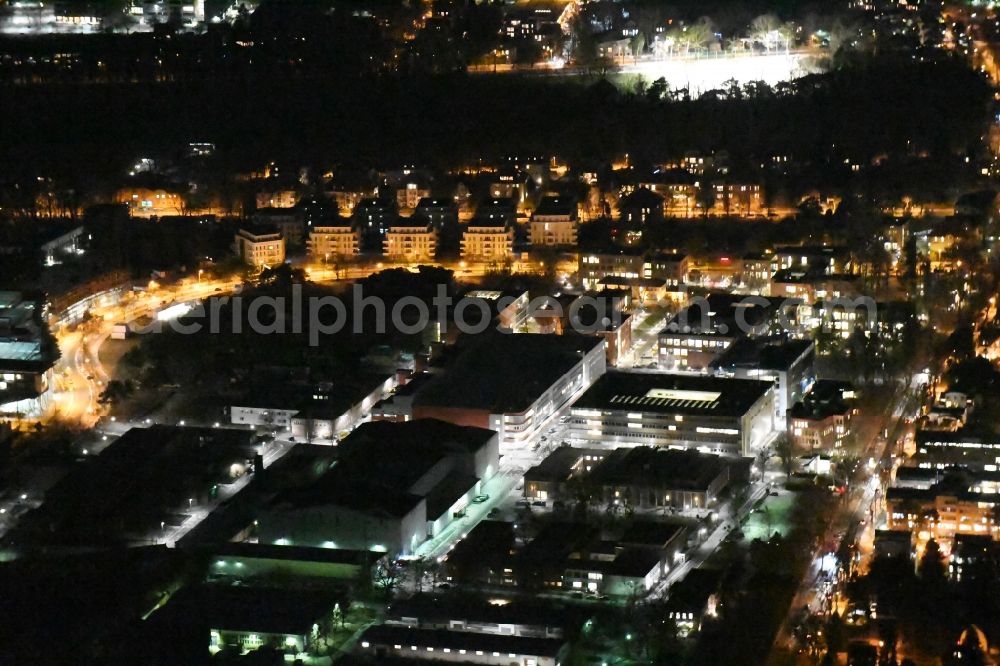 Potsdam at night from above - Night view complex of buildings broadcasting center Filmpark Babelsberg August-Bebel-Strasse in the district Babelsberg in Potsdam in the state Brandenburg