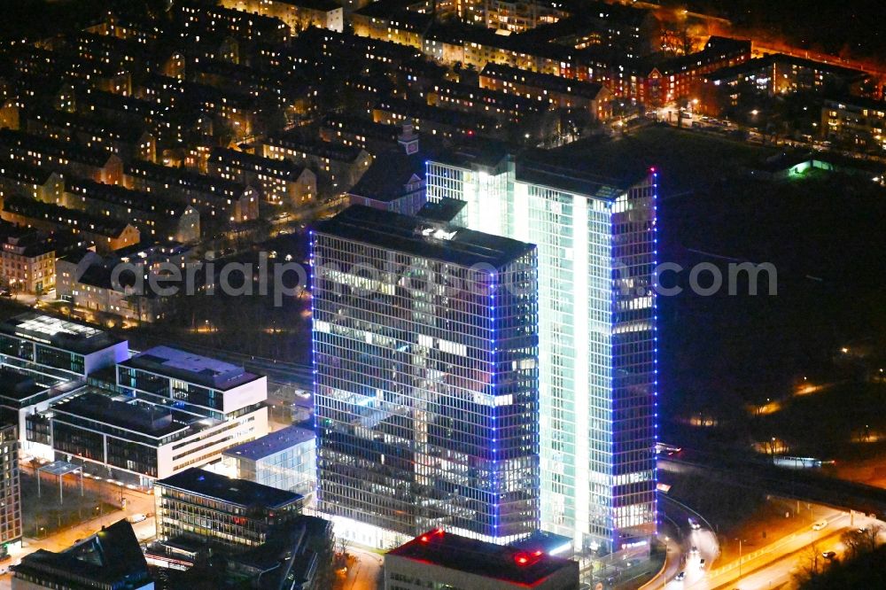 Aerial photograph at night München - Night lighting high-rise building complex HighLight Towers on corner Mies-van-der-Rohe- und Walter-Gropius-Strasse in the district Schwabing-Freimann in Munich in the state Bavaria, Germany