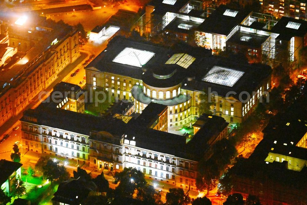 Aerial photograph at night Leipzig - Night lighting building complex of the university on Waechterstrasse in the district Zentrum-Sued in Leipzig in the state Saxony, Germany