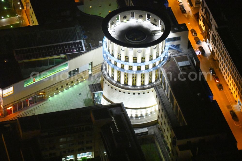 Stuttgart at night from the bird perspective: Night lighting building complex of the university HMDK Staatliche Hochschule fuer Musik and Darstellende Kunst in Stuttgart in the state Baden-Wurttemberg, Germany