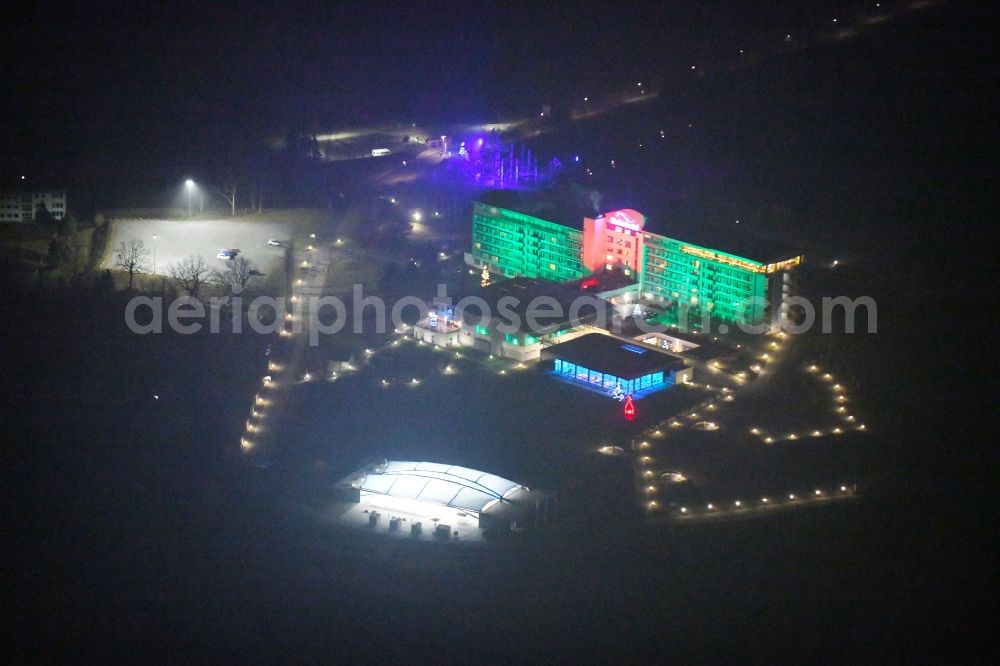 Zeulenroda-Triebes at night from above - Night lighting Complex of the hotel building Bio-Seehotel on Bauerfeindallee in Zeulenroda-Triebes in the state Thuringia, Germany