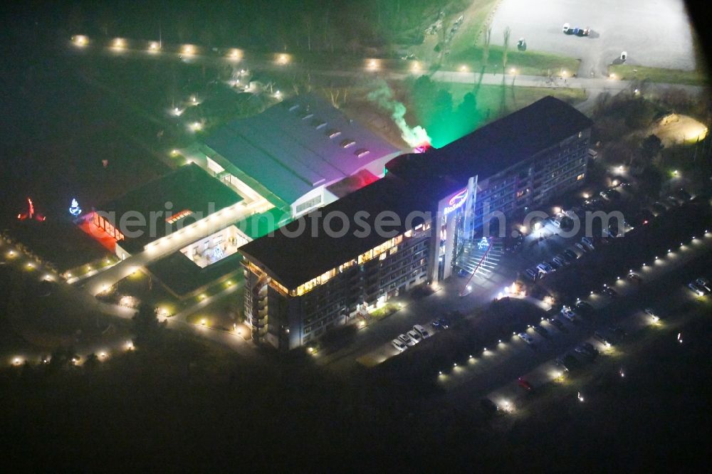 Zeulenroda-Triebes at night from above - Night lighting Complex of the hotel building Bio-Seehotel on Bauerfeindallee in Zeulenroda-Triebes in the state Thuringia, Germany