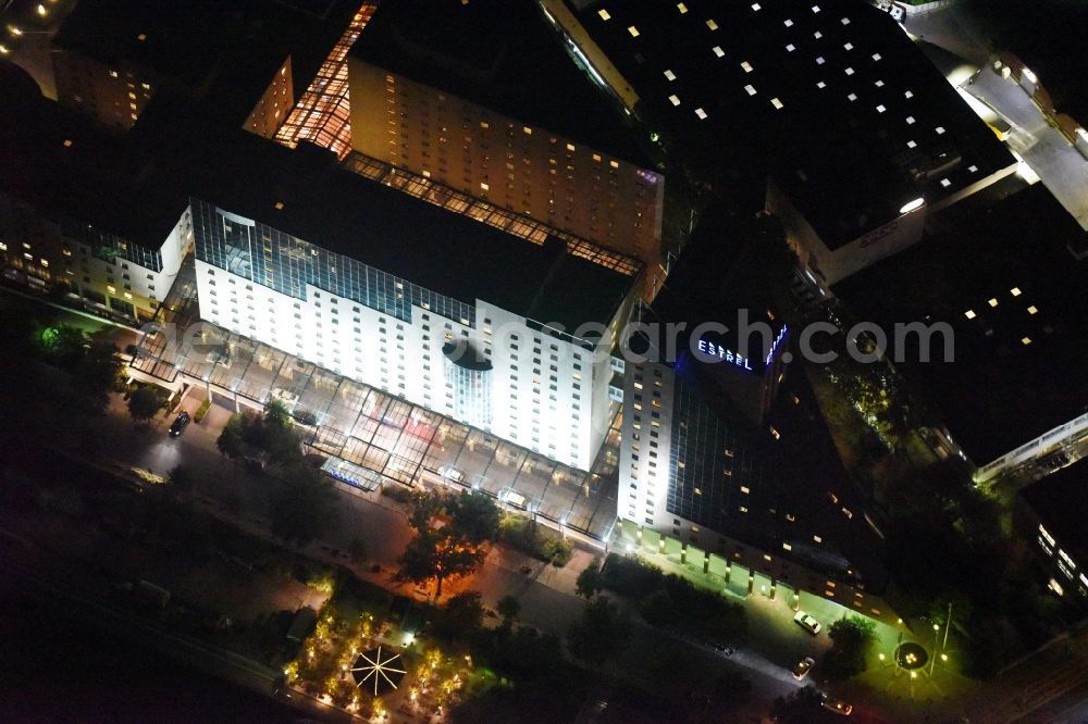 Aerial image at night Berlin - Night view complex of the hotel building Estrel on Sonnenallee destrict im Neukoelln in Berlin in Germany