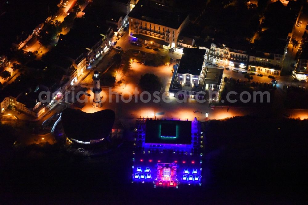 Rostock at night from above - Night lighting Complex of the hotel building Hotel Am Leuchtturm in the district Warnemuende in Rostock in the state Mecklenburg - Western Pomerania, Germany