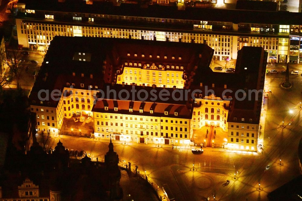 Aerial image at night Dresden - Night lighting complex of the hotel building Hotel Taschenbergpalais Kempinski Dresden in Dresden in the state Saxony, Germany