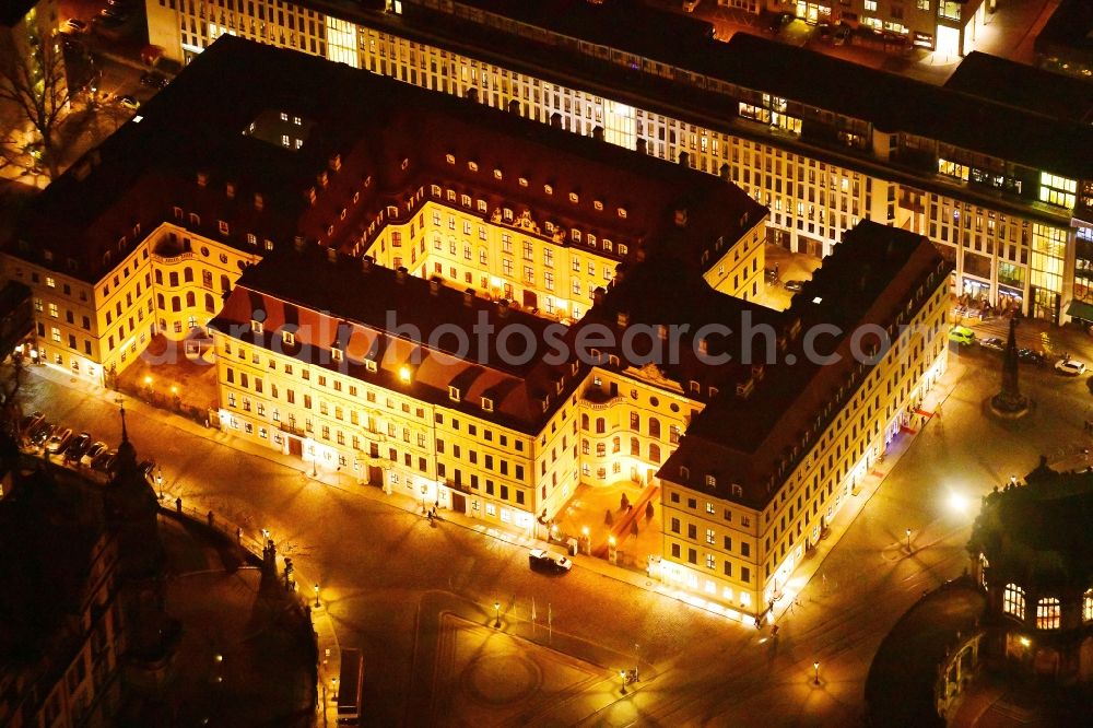 Dresden at night from above - Night lighting complex of the hotel building Hotel Taschenbergpalais Kempinski Dresden in Dresden in the state Saxony, Germany