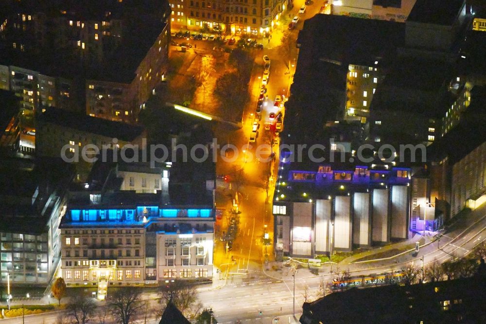 Leipzig at night from above - Night lighting Complex of the hotel building INNSIDE Leipzig and night club TwentyOne on Dittrichring corner Gottschedstrasse in Leipzig in the state Saxony, Germany