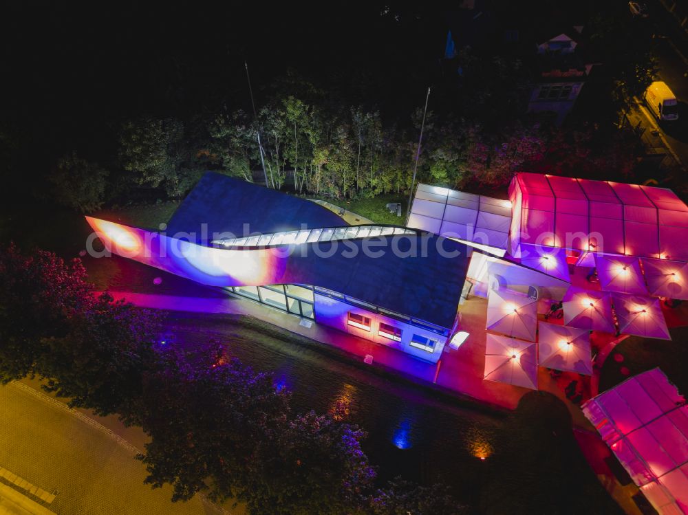 Dresden at night from above - Night lighting building complex of the Institute TUD - CCC - Carbon Concrete Cube - Institut fuer Massivbau on street Einsteinstrasse in the district Suedvorstadt in Dresden in the state Saxony, Germany