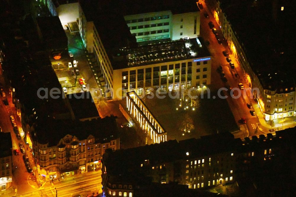 Aerial photograph at night Leipzig - Night lighting Publishing house complex of the press and media house Leipziger Volkszeitung on Peterssteinweg in Leipzig in the state Saxony, Germany