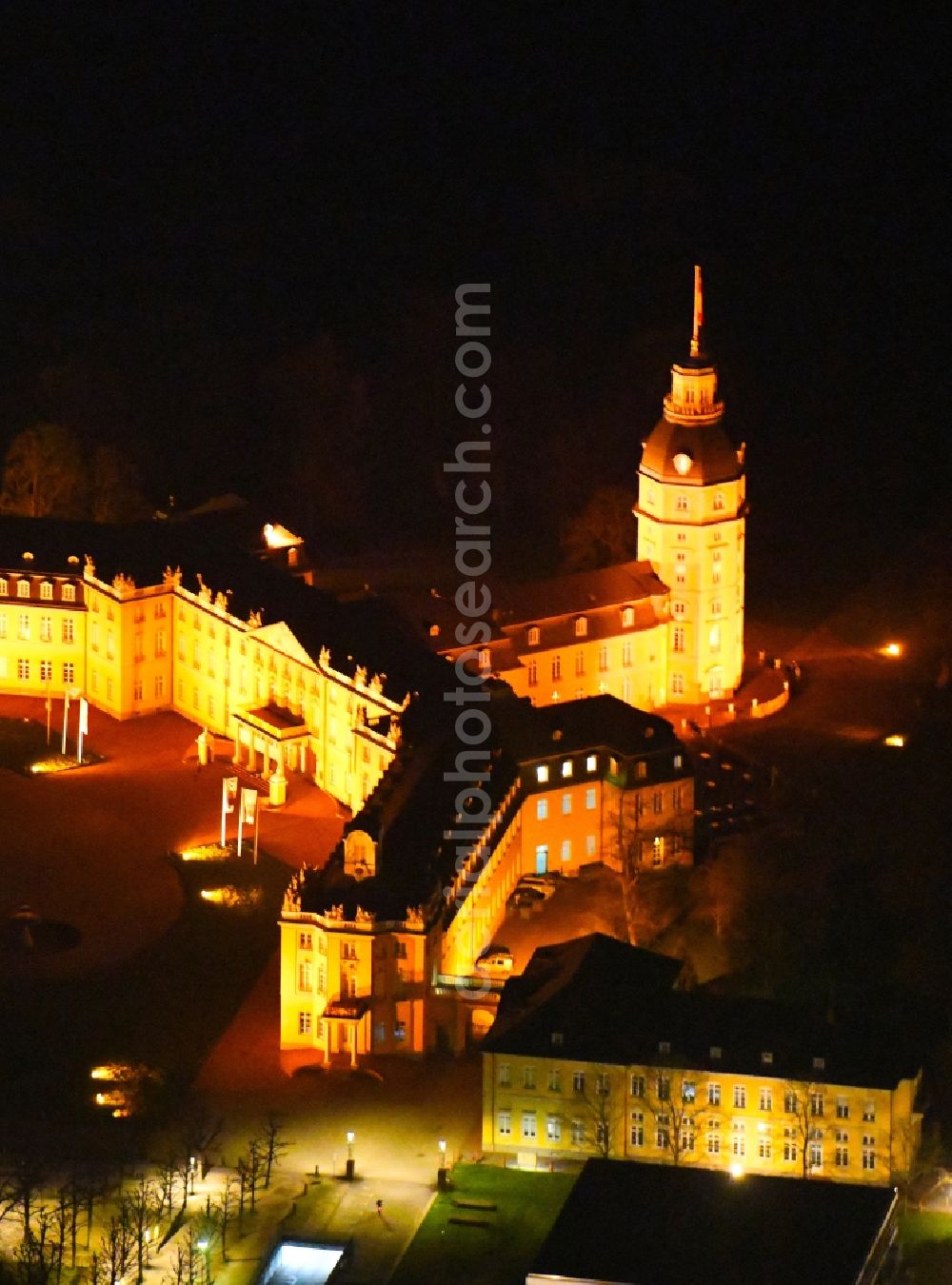 Karlsruhe at night from above - Night lighting building complex in the park of the castle Karlsruhe in Karlsruhe in the state Baden-Wurttemberg, Germany