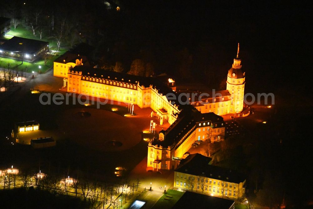 Karlsruhe at night from the bird perspective: Night lighting building complex in the park of the castle Karlsruhe in Karlsruhe in the state Baden-Wurttemberg, Germany