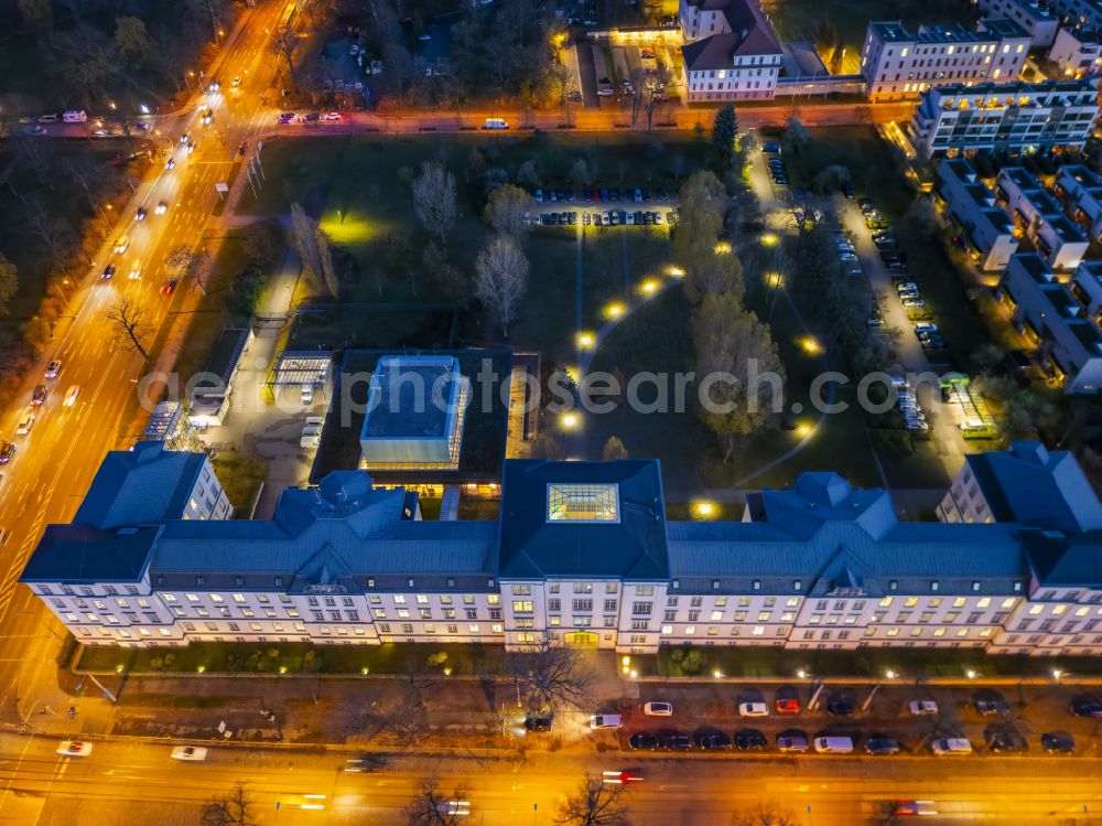 Dresden at night from above - Night lighting building complex and broadcasting house of the broadcaster Landesfunkhaus mdr Mitteldeutscher Rundfunk on Koenigsbruecker Strasse in the Neustadt district of Dresden in the federal state of Saxony, Germany