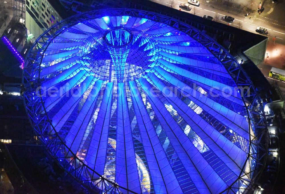 Berlin at night from above - Night view of the complex with its high-rise building Sony Center at Potsdamer Platz