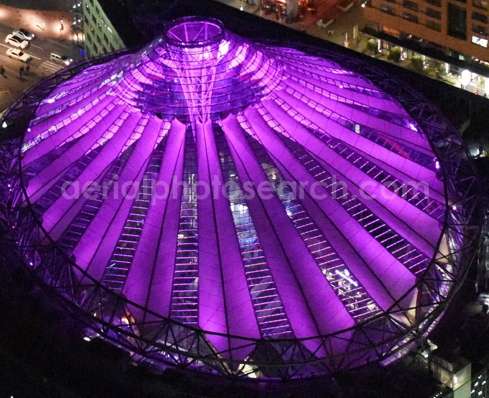 Aerial image at night Berlin - Night view of the complex with its high-rise building Sony Center at Potsdamer Platz