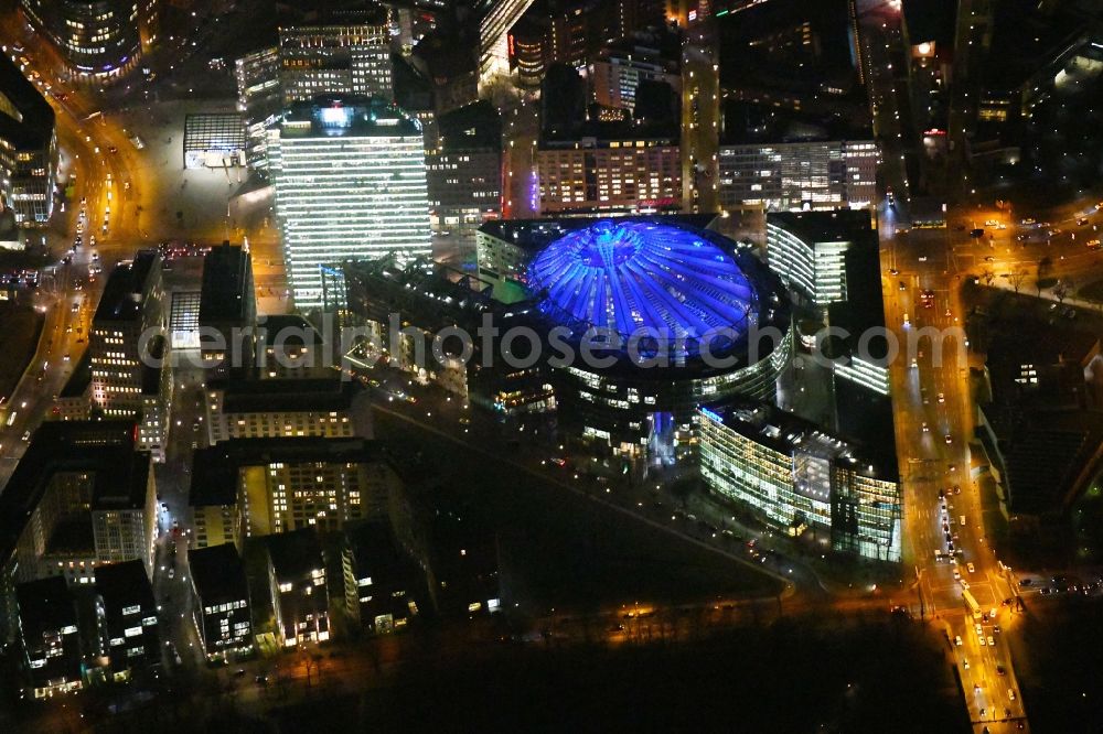 Aerial image at night Berlin - Night view of the complex with its high-rise building Sony Center at Potsdamer Platz