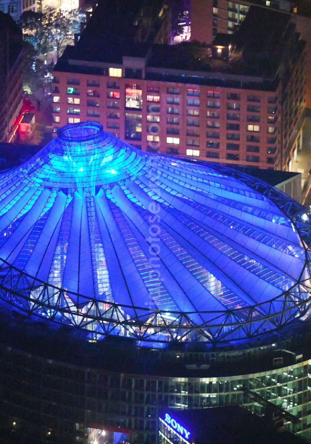 Berlin at night from above - Night view of the complex with its high-rise building Sony Center at Potsdamer Platz