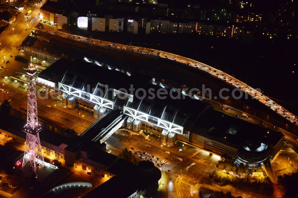 Berlin at night from above - Night aerial terrain at the radio tower and fairgrounds ICC congress center in the district of Charlottenburg in Berlin