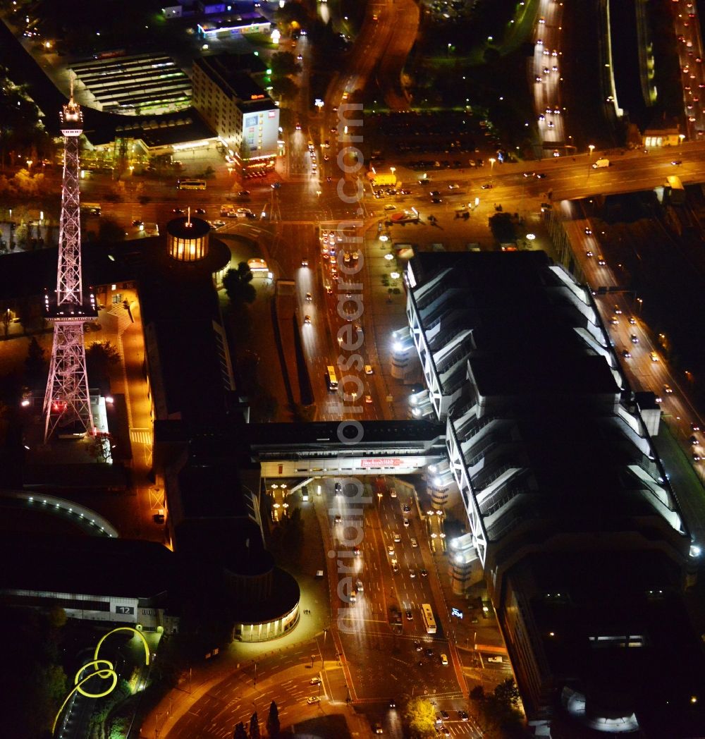 Berlin at night from above - Night aerial terrain at the radio tower and fairgrounds ICC congress center in the district of Charlottenburg in Berlin