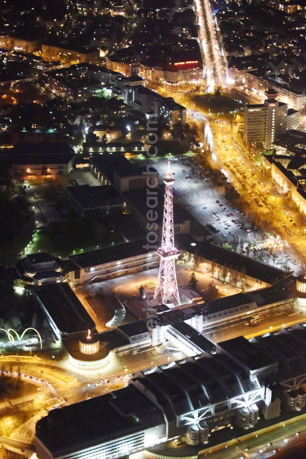 Berlin at night from above - Night aerial terrain at the radio tower and fairgrounds ICC congress center in the district of Charlottenburg in Berlin