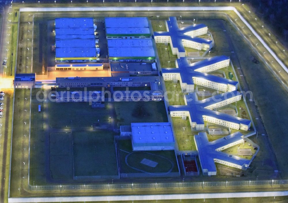 Burg at night from above - Night lighting prison grounds and high security fence Prison in Burg in the state Saxony-Anhalt