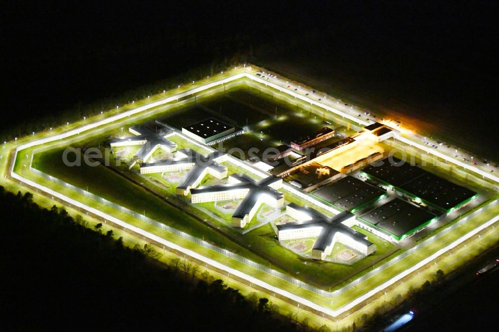 Burg at night from above - Night lighting prison grounds and high security fence Prison in Burg in the state Saxony-Anhalt