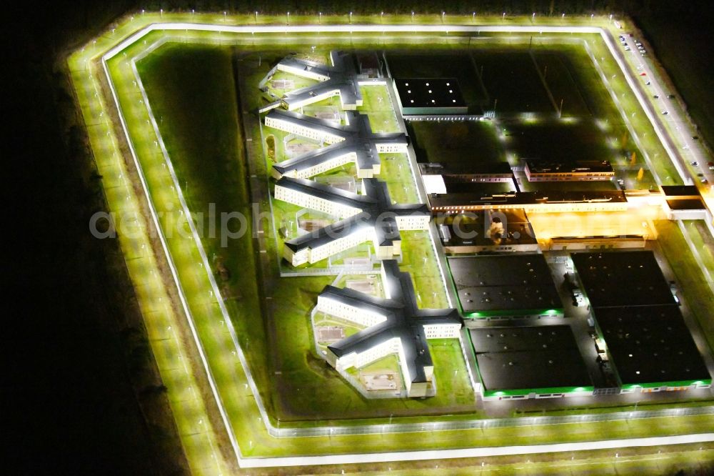 Burg at night from above - Night lighting prison grounds and high security fence Prison in Burg in the state Saxony-Anhalt