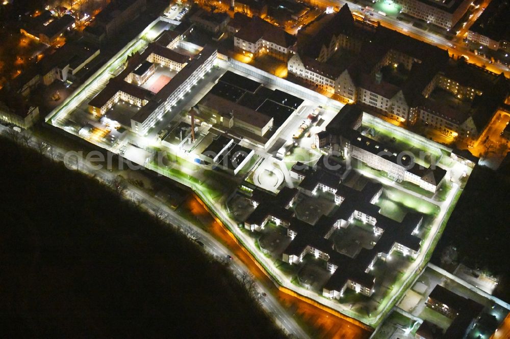 Nürnberg at night from above - Night lighting Prison grounds and high security fence Prison Nuernberg - Jugendarrest on Mannertstrasse in Nuremberg in the state Bavaria, Germany