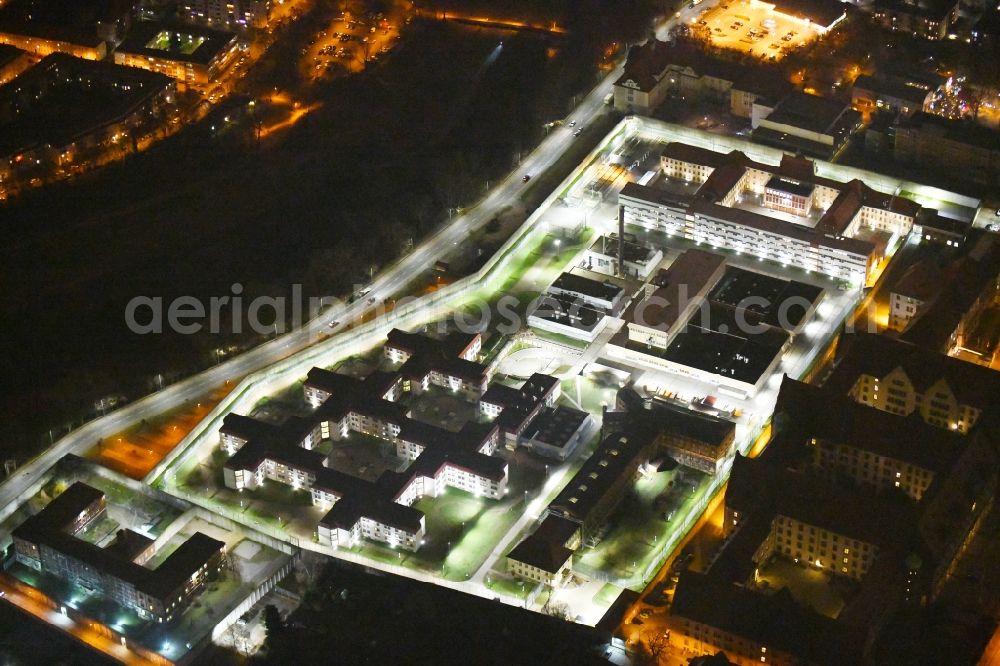 Nürnberg at night from above - Night lighting Prison grounds and high security fence Prison Nuernberg - Jugendarrest on Mannertstrasse in Nuremberg in the state Bavaria, Germany