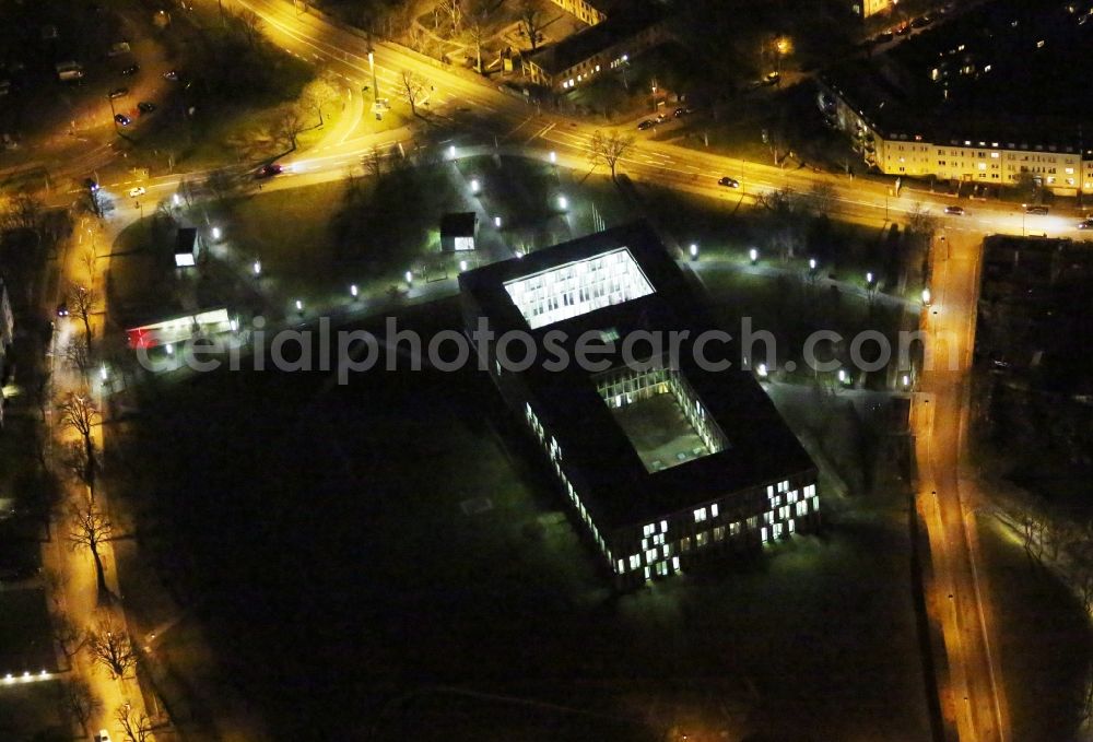 Erfurt at night from above - Night lighting Court- Building complex of the Bandesarbeitsgerichtes and dem Arbeitsgericht on Hugo-Preuss-Platz in Erfurt in the state Thuringia, Germany