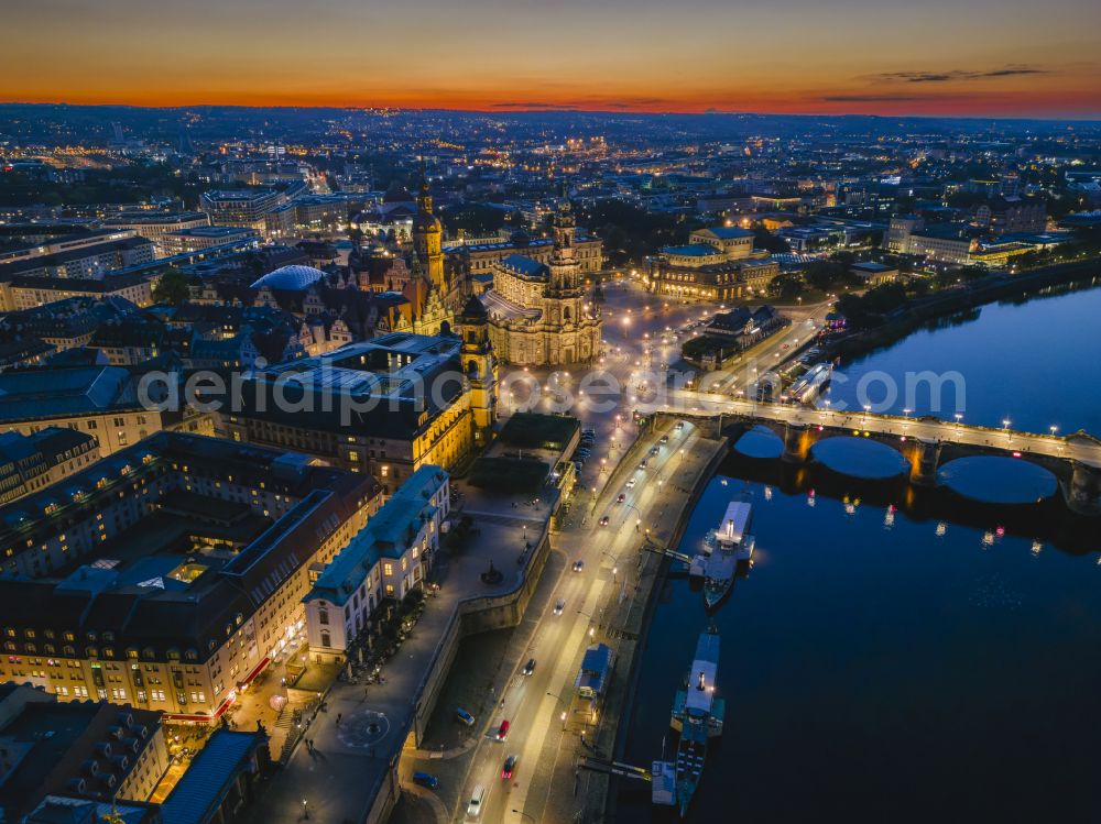 Aerial image at night Dresden - Night lighting court- Building complex of Oberlandesgericht on place Schlossplatz in the district Altstadt in Dresden in the state Saxony, Germany