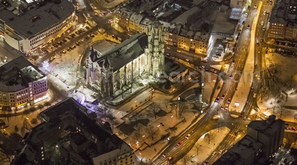 Essen at night from the bird perspective: Gertrude Church at night in Essen in North Rhine-Westphalia