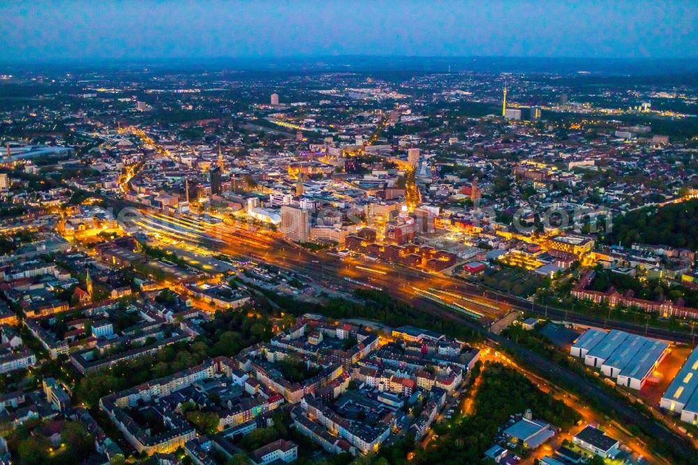 Aerial image at night Dortmund - Night lighting city area with outside districts and inner city area in Dortmund at Ruhrgebiet in the state North Rhine-Westphalia, Germany