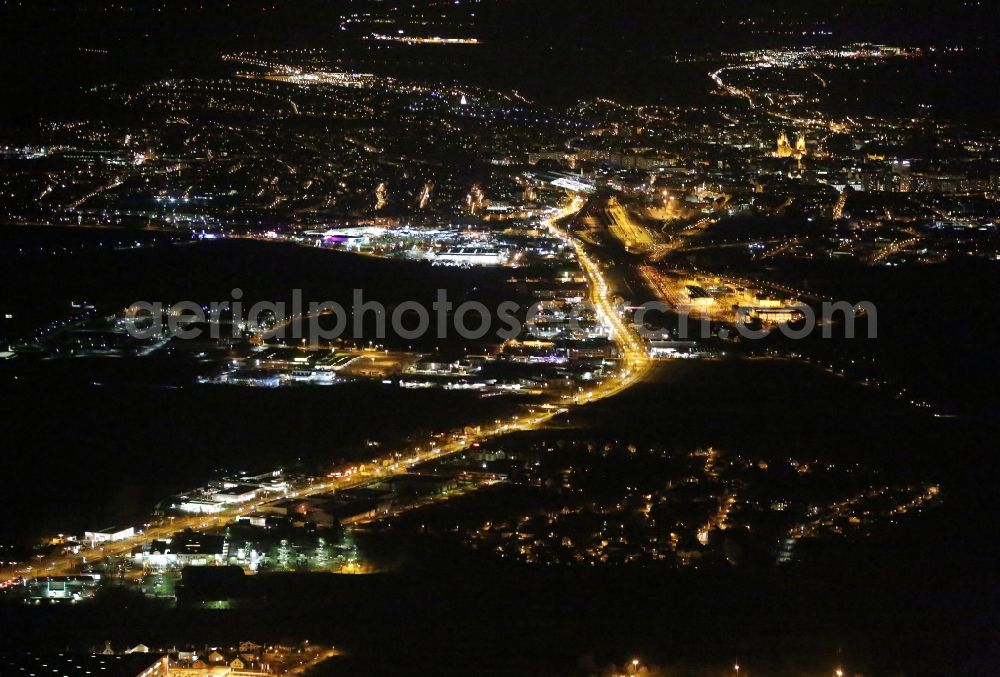 Aerial image at night Erfurt - Night lighting City area with outside districts and inner city area in Erfurt in the state Thuringia, Germany