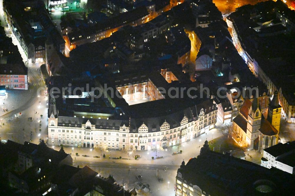Erfurt at night from above - Night lighting office building of the historic former Erfurter Hof on Willy-Brandt-Platz in Erfurt in the state Thuringia, Germany