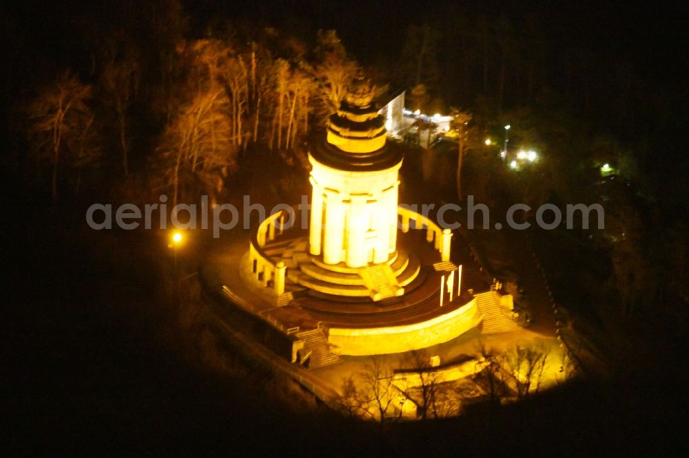 Eisenach at night from above - Night lighting Tourist attraction of the historic monument Burschenschaftsdenkmal An of Goepelskuppe in Eisenach in the state Thuringia, Germany