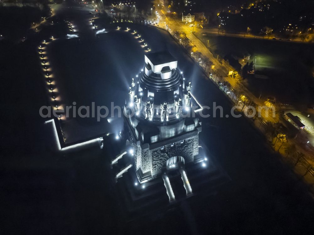 Leipzig at night from above - Night lighting tourist attraction of the historic monument Voelkerschlachtdenkmal on Strasse of 18. Oktober in Leipzig in the state Saxony, Germany