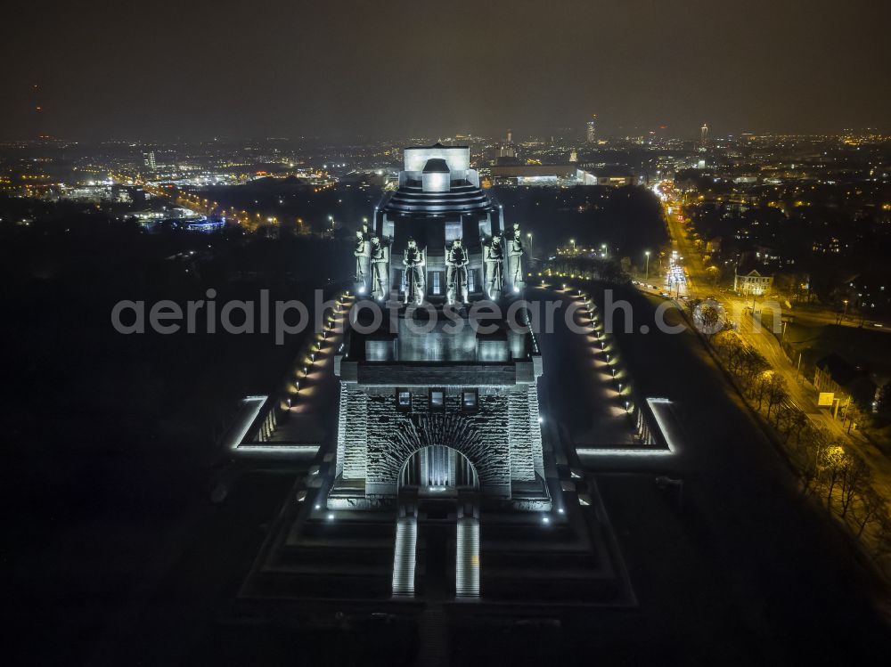 Leipzig at night from above - Night lighting tourist attraction of the historic monument Voelkerschlachtdenkmal on Strasse of 18. Oktober in Leipzig in the state Saxony, Germany