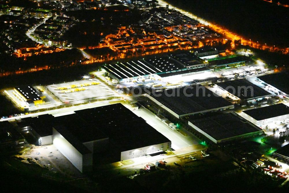 Aerial image at night Nürnberg - Night lighting industrial estate and company settlement Beuthener Strasse in the district Beuthener Strasse in Nuremberg in the state Bavaria, Germany