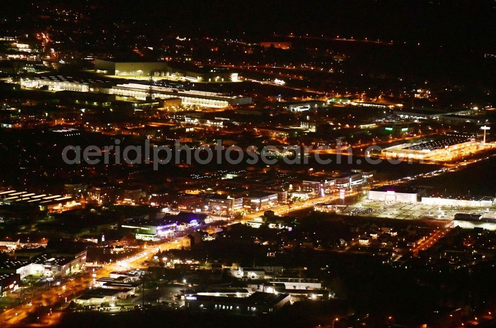 Aerial image at night Berlin - Night lighting industrial estate and company settlement along the federal street B1 in the district Mahlsdorf in Berlin, Germany