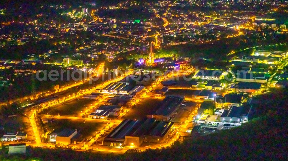 Hattingen at night from above - Night lighting industrial estate and company settlement in the district Baak in Hattingen at Ruhrgebiet in the state North Rhine-Westphalia, Germany