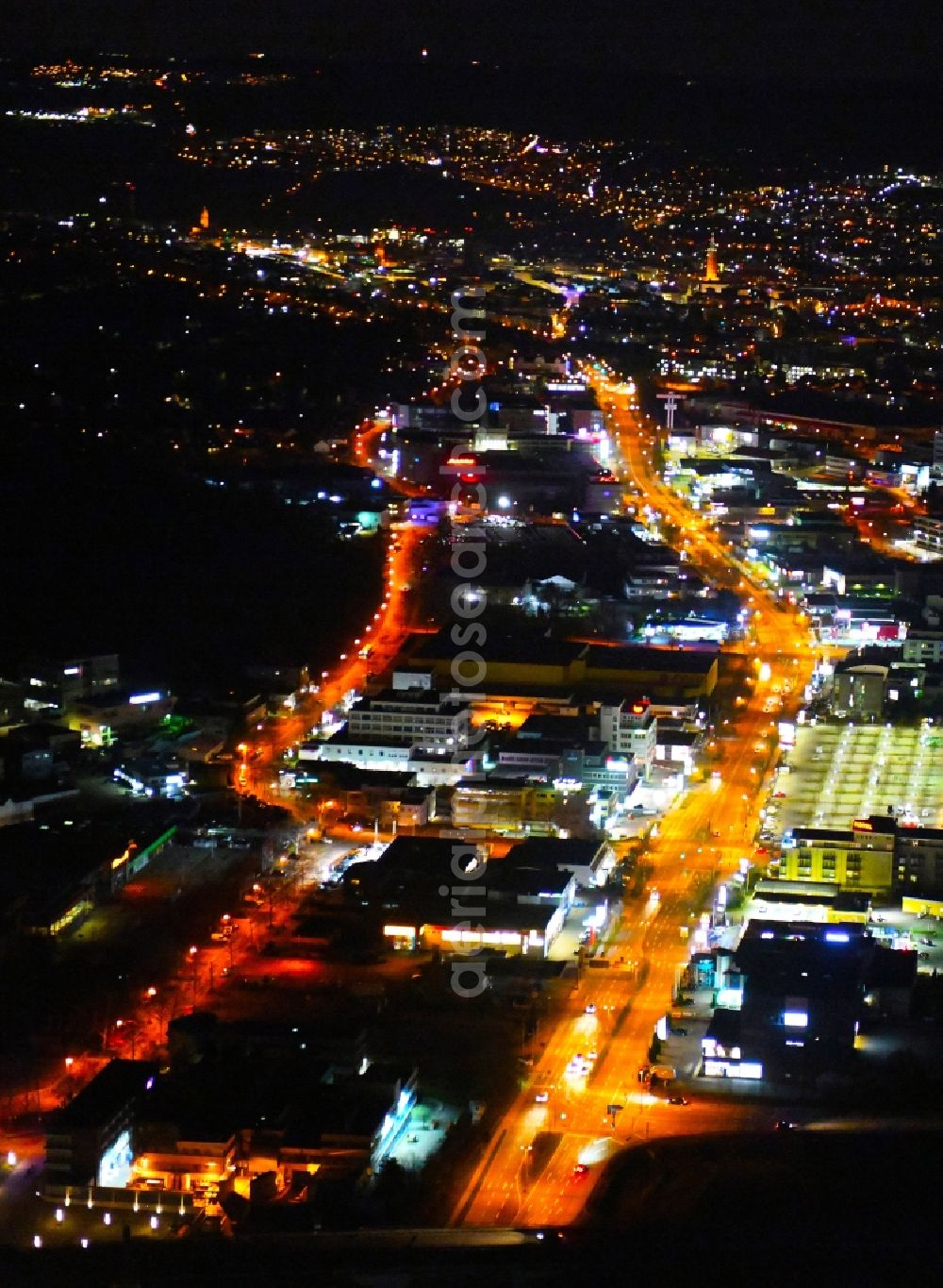 Aerial photograph at night Pforzheim - Night lighting industrial estate and company settlement in the district West in Pforzheim in the state Baden-Wurttemberg, Germany