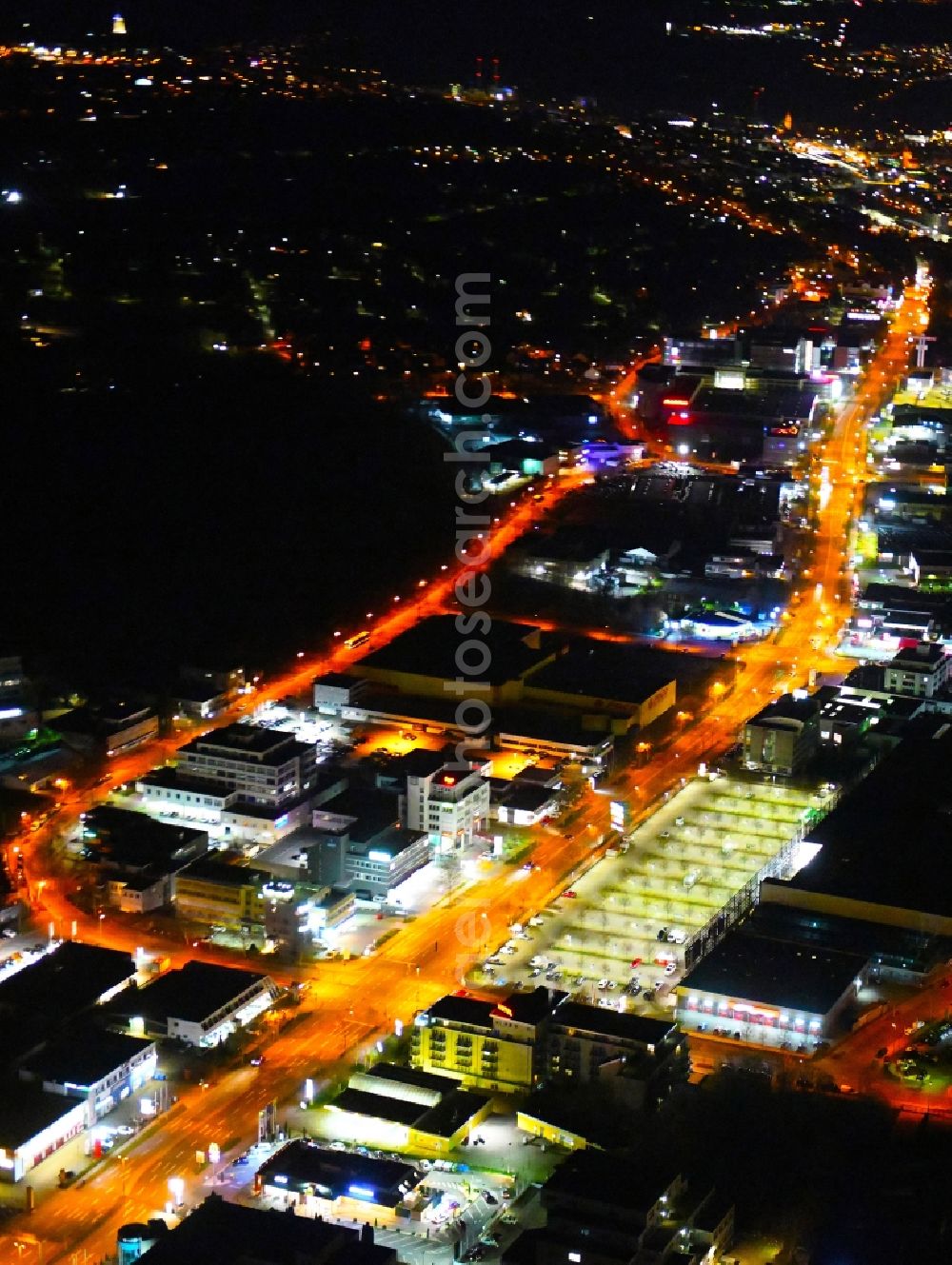 Aerial image at night Pforzheim - Night lighting industrial estate and company settlement in the district West in Pforzheim in the state Baden-Wurttemberg, Germany