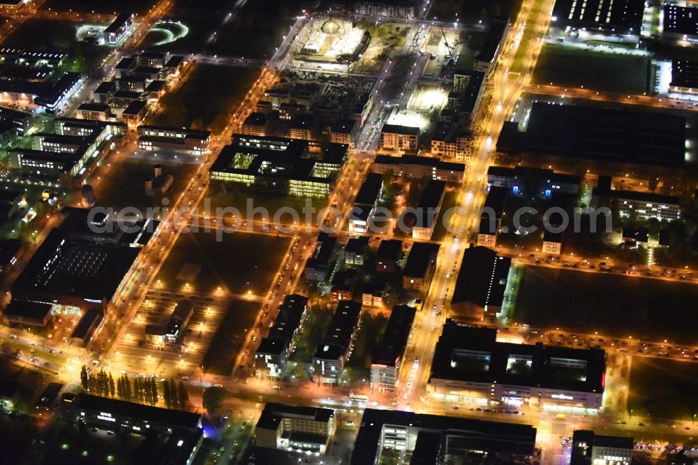 Aerial image at night Berlin - Night lighting industrial estate and company settlement Technologiepark Adlershof in the district Adlershof - Johannisthal in Berlin, Germany